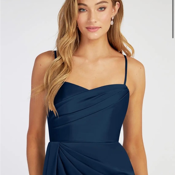 AZAZIE BONA Stretch Dark Navy A-Line V-Neck Pleated Stretch Satin - Picture 6 of 16